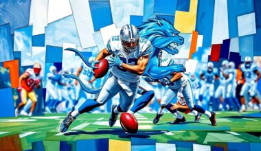A fragmented, cubist-style painting depicting a Detroit Lions safety making a play, with sharp geometric shapes and planes in the team