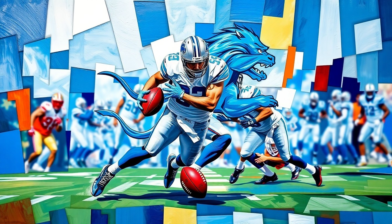 A fragmented, cubist-style painting depicting a Detroit Lions safety making a play, with sharp geometric shapes and planes in the team