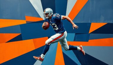 A fragmented, geometric painting depicting a football player in mid-motion, with sharp planes of navy, silver, and orange conveying the dynamic energy of the sport.
