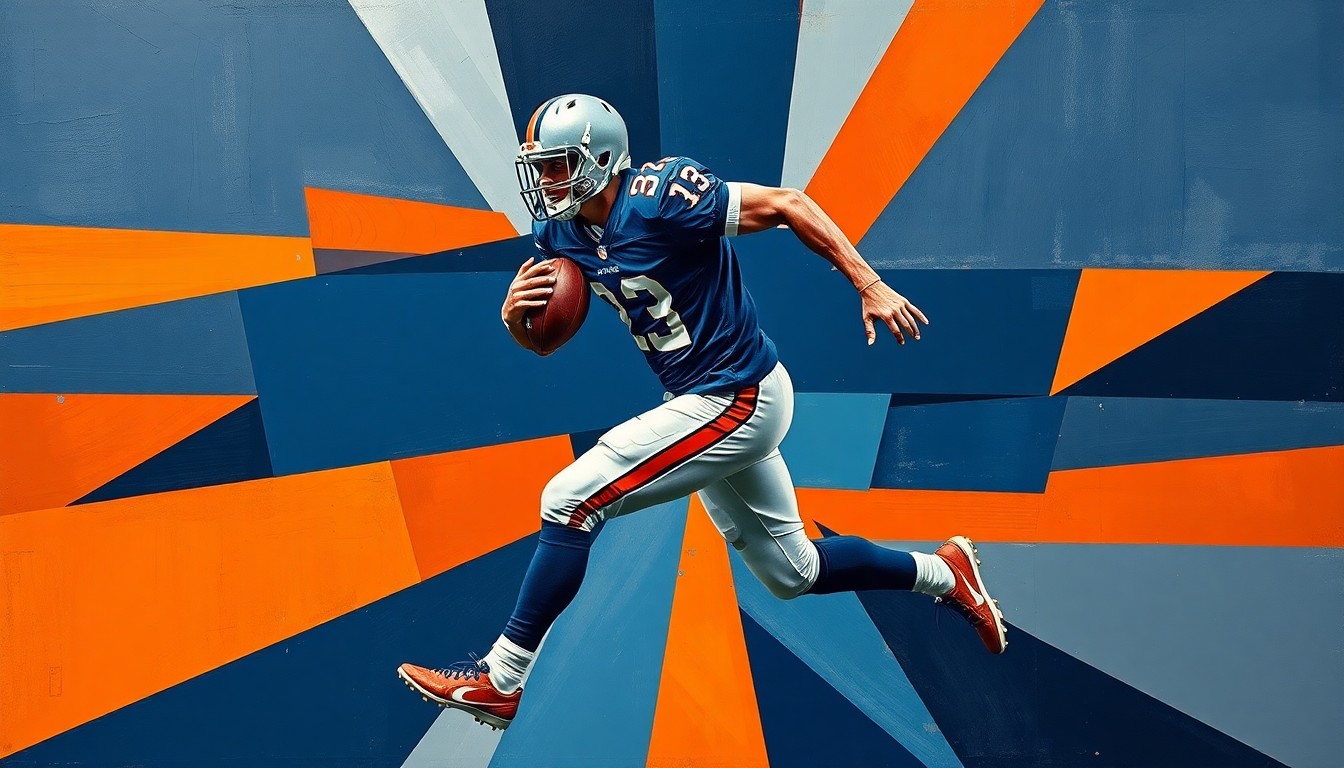 A fragmented, geometric painting depicting a football player in mid-motion, with sharp planes of navy, silver, and orange conveying the dynamic energy of the sport.