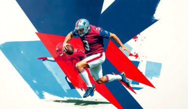A fragmented, geometric painting depicting a football player in motion, with sharp planes of navy blue, red, and white colors creating a dynamic, deconstructed visual.