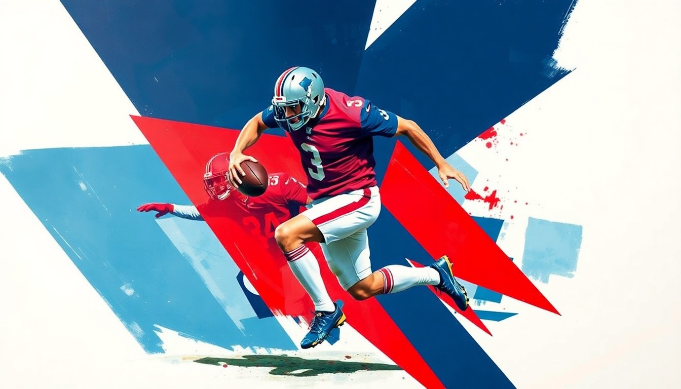 A fragmented, geometric painting depicting a football player in motion, with sharp planes of navy blue, red, and white colors creating a dynamic, deconstructed visual.