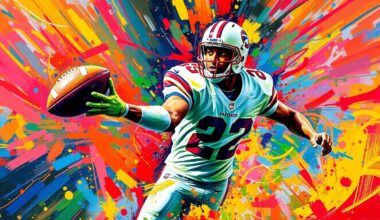 A vibrant, expressionist painting in neon colors depicts the dynamic movements and raw energy of a wide receiver making a play, with the player