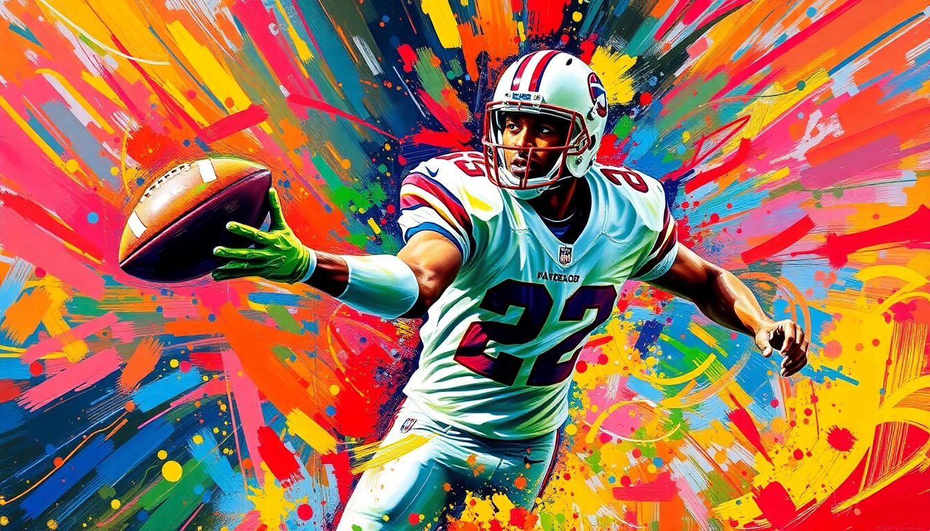 A vibrant, expressionist painting in neon colors depicts the dynamic movements and raw energy of a wide receiver making a play, with the player