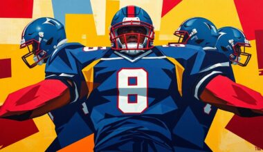 A cubist, geometric painting depicting the deconstructed elements of a football uniform in the Commanders