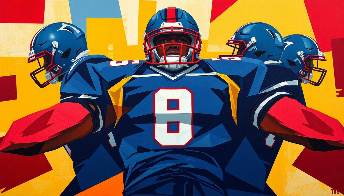 A cubist, geometric painting depicting the deconstructed elements of a football uniform in the Commanders