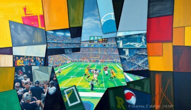 A fragmented, geometric painting depicting a football game or NFL draft scene, with sharp planes of color and shape representing the strategic decisions and complex dynamics of the Jets