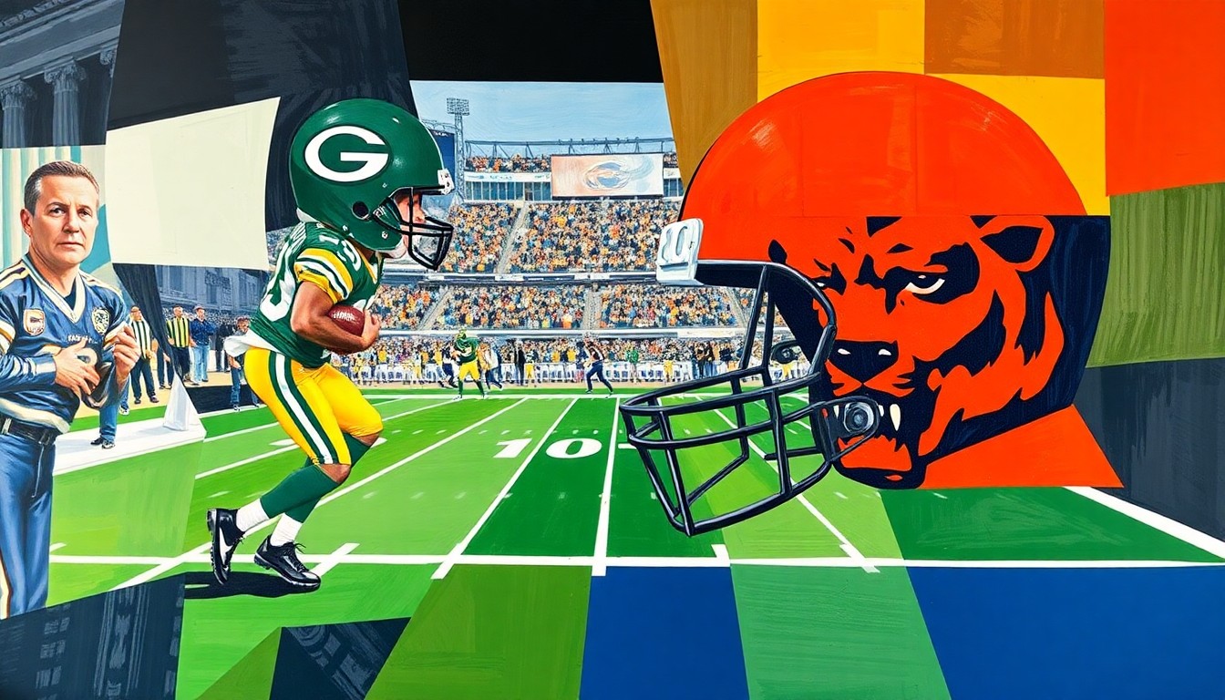 A cubist-style painting depicting a football game between the Green Bay Packers and Chicago Bears, with the players and field broken down into sharp, overlapping geometric shapes and planes in a vibrant color palette.