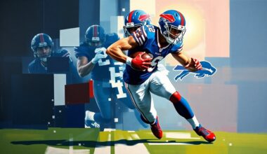 A fragmented, geometric painting depicting a football player in the act of rushing the passer, with sharp planes of navy blue, red, and white representing the Buffalo Bills