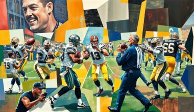 A fragmented, geometric painting depicting a football player in motion, surrounded by overlapping planes that suggest the tensions between the player and their coaches.