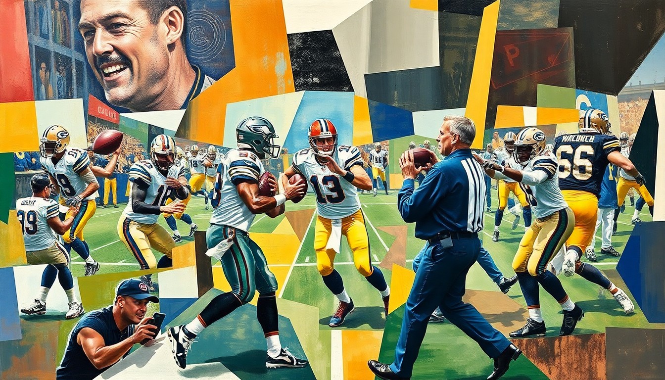 A fragmented, geometric painting depicting a football player in motion, surrounded by overlapping planes that suggest the tensions between the player and their coaches.