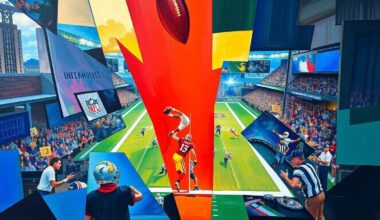 A cubist, geometric painting depicting fragmented football players and draft prospects, conveying the complex and multi-faceted nature of the NFL draft process.