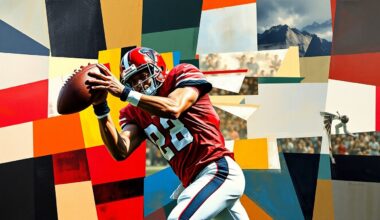 A fractured, geometric painting depicting a football player making a catch, with sharp planes of red, pewter, white, red, black, and white colors representing the uniforms of the Buccaneers and Falcons.