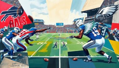 A fragmented, geometric painting depicting a football game or match between two teams, with the players and field reduced to abstracted shapes and planes of color in a cubist style, conveying the energy and strategy of the sport.