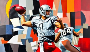 A cubist-style painting depicting a quarterback in the midst of a passing play, with the player