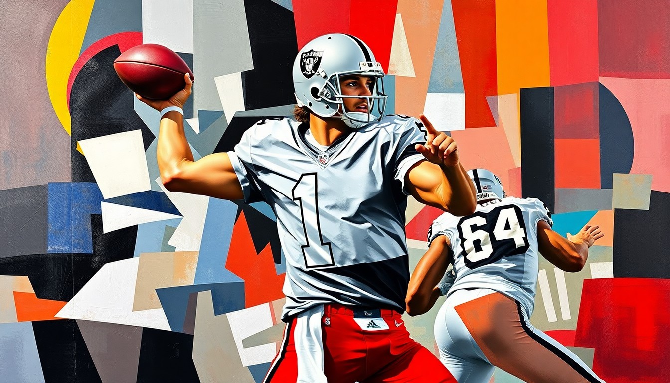 A cubist-style painting depicting a quarterback in the midst of a passing play, with the player