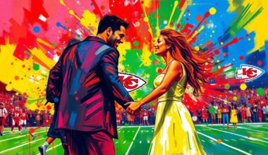 An abstract expressionist painting in neon colors, featuring swirling brushstrokes and fragmented shapes that suggest a couple