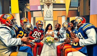 A cubist-style painting depicting a group of men in suits, their figures broken down into overlapping geometric shapes and planes, representing NFL players at a wedding celebration.
