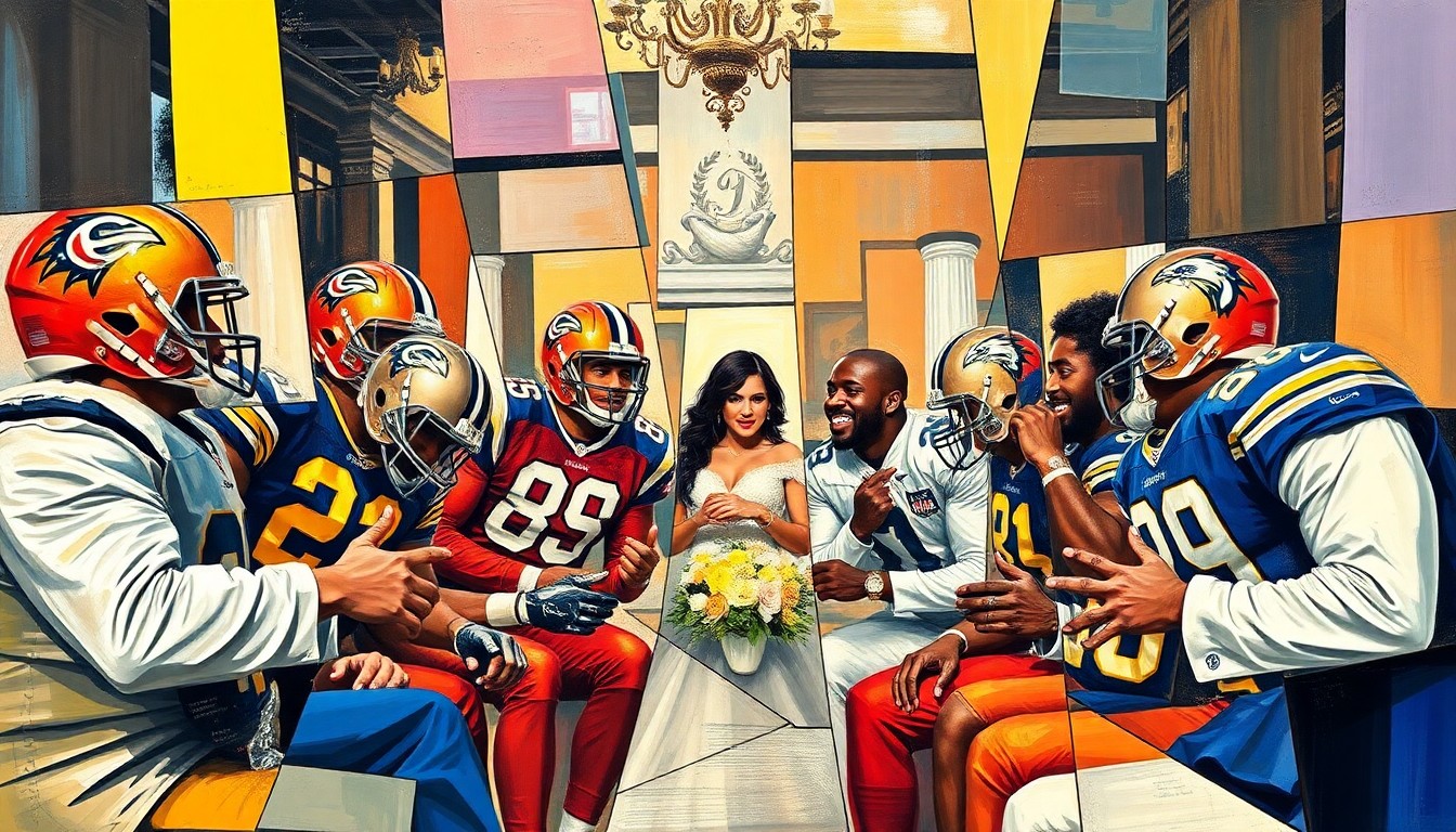 A cubist-style painting depicting a group of men in suits, their figures broken down into overlapping geometric shapes and planes, representing NFL players at a wedding celebration.