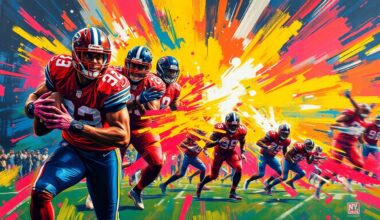 An abstract, energetic painting featuring bold brushstrokes of neon orange, electric blue, and bright yellow, capturing the intensity and dynamism of NFL players training in the offseason.