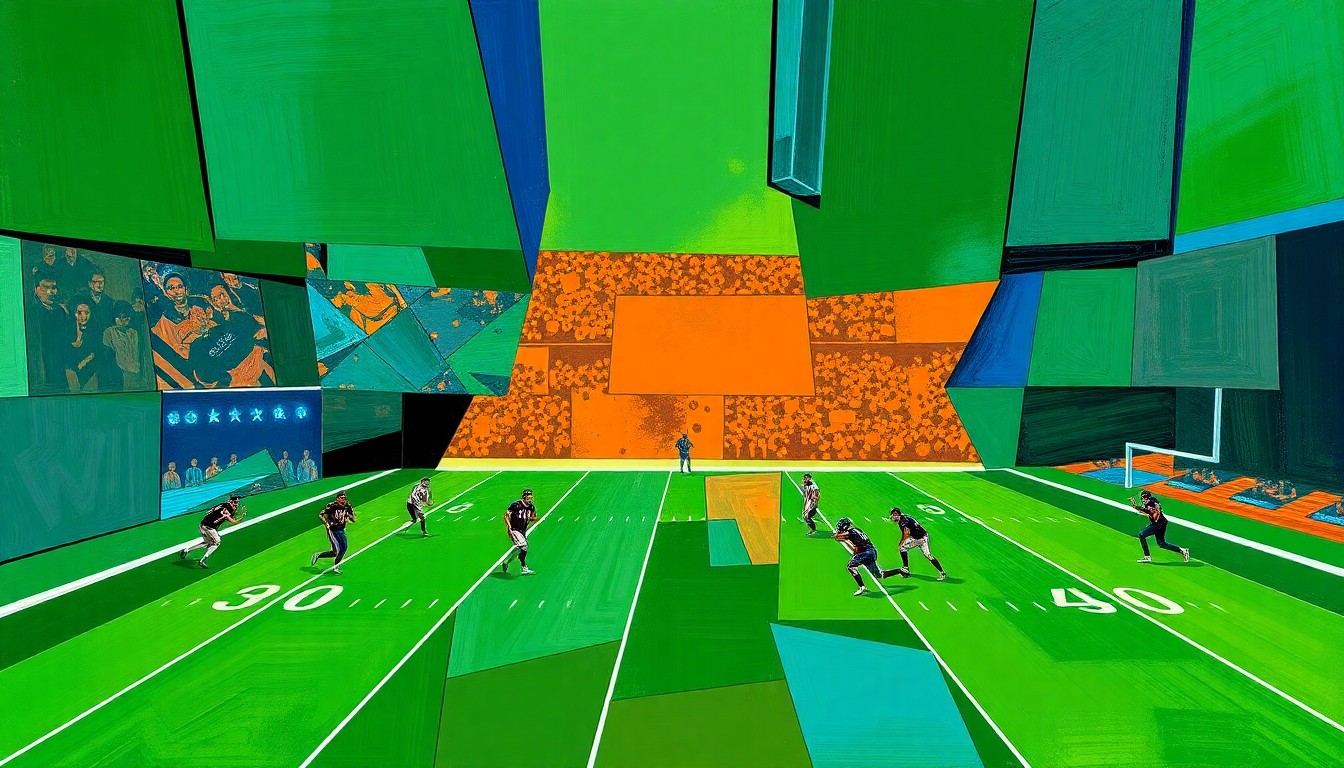 A cubist, geometric painting depicting a fragmented football scene, with sharp, overlapping shapes in vibrant colors representing the complex dynamics surrounding the Eagles