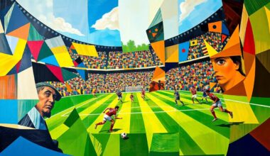 A fragmented, cubist-style painting depicting a football game or match, with the players and field broken down into sharp, overlapping geometric shapes in a vibrant color palette, conveying the chaotic energy of the sport.