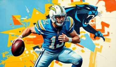 A cubist, geometric painting depicting a football player in motion, broken down into sharp, overlapping planes of powder blue, gold, black, and blue, representing the Chargers and Panthers uniforms.