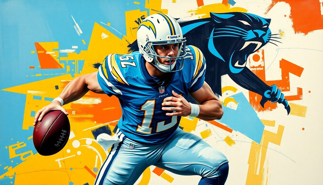 A cubist, geometric painting depicting a football player in motion, broken down into sharp, overlapping planes of powder blue, gold, black, and blue, representing the Chargers and Panthers uniforms.