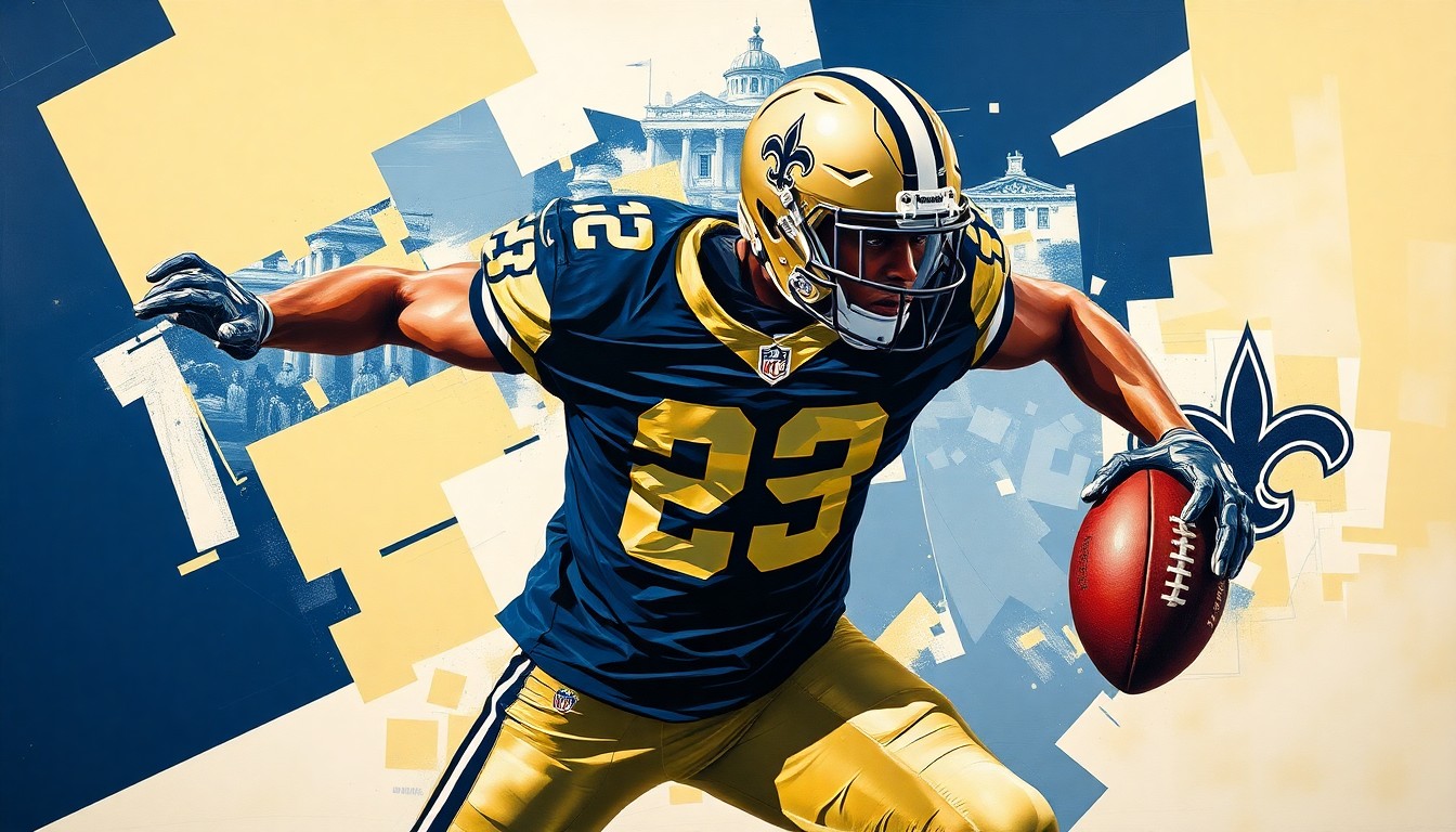 A fragmented, geometric painting depicting a football player in motion, with sharp planes of navy blue, gold, and white representing the New Orleans Saints