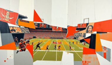 A cubist, geometric painting depicting a fragmented, multi-angled view of a Tampa Bay Buccaneers football player in motion, with sharp, overlapping planes of pewter grey, burnt orange, and deep red colors.