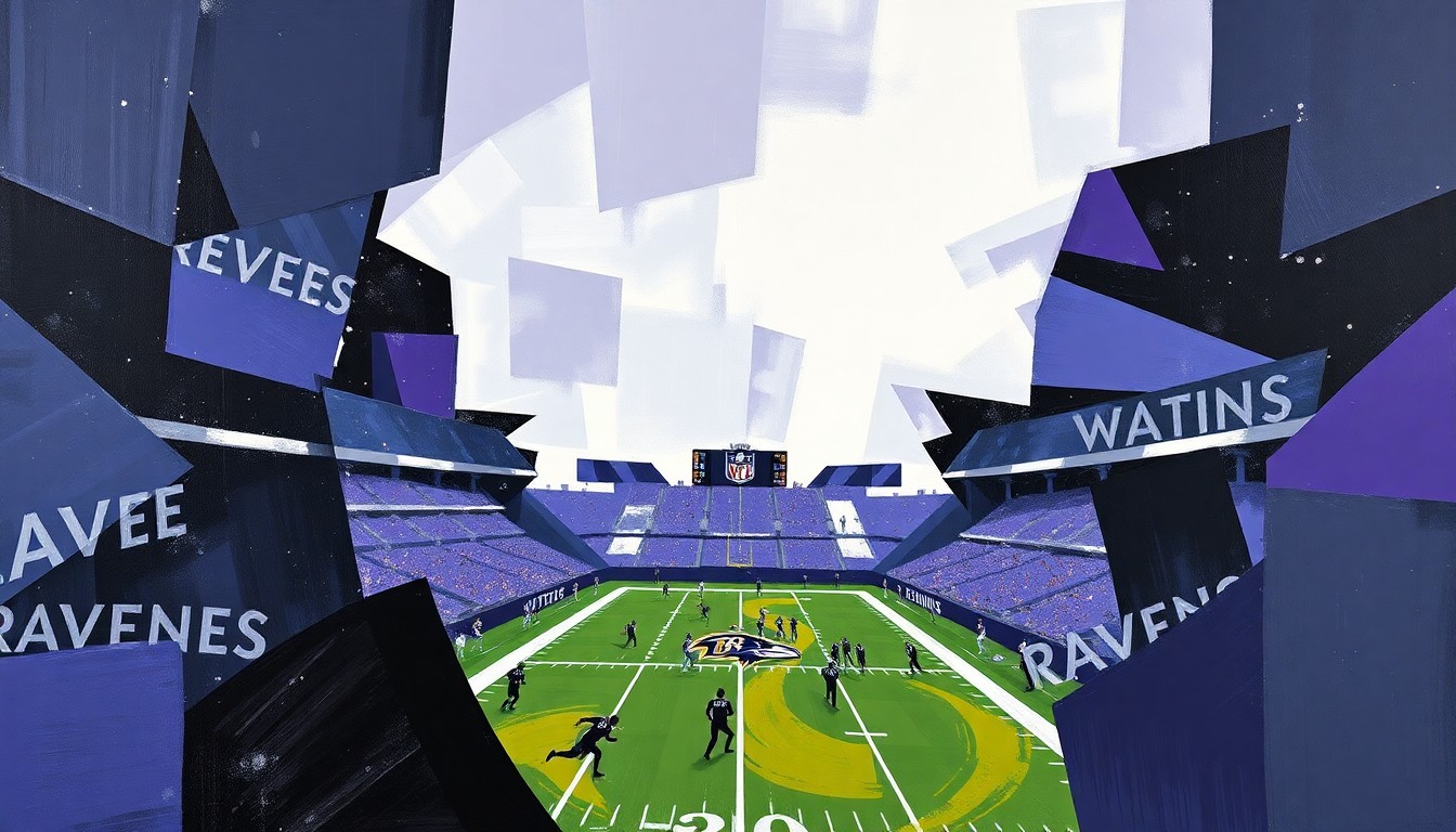 A fragmented, cubist-style painting depicting a Ravens football game, with sharp geometric shapes in the team
