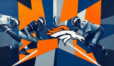 A cubist-style painting depicting an offensive line play, with the players and action broken down into sharp, overlapping geometric shapes in navy blue, orange, and silver tones.