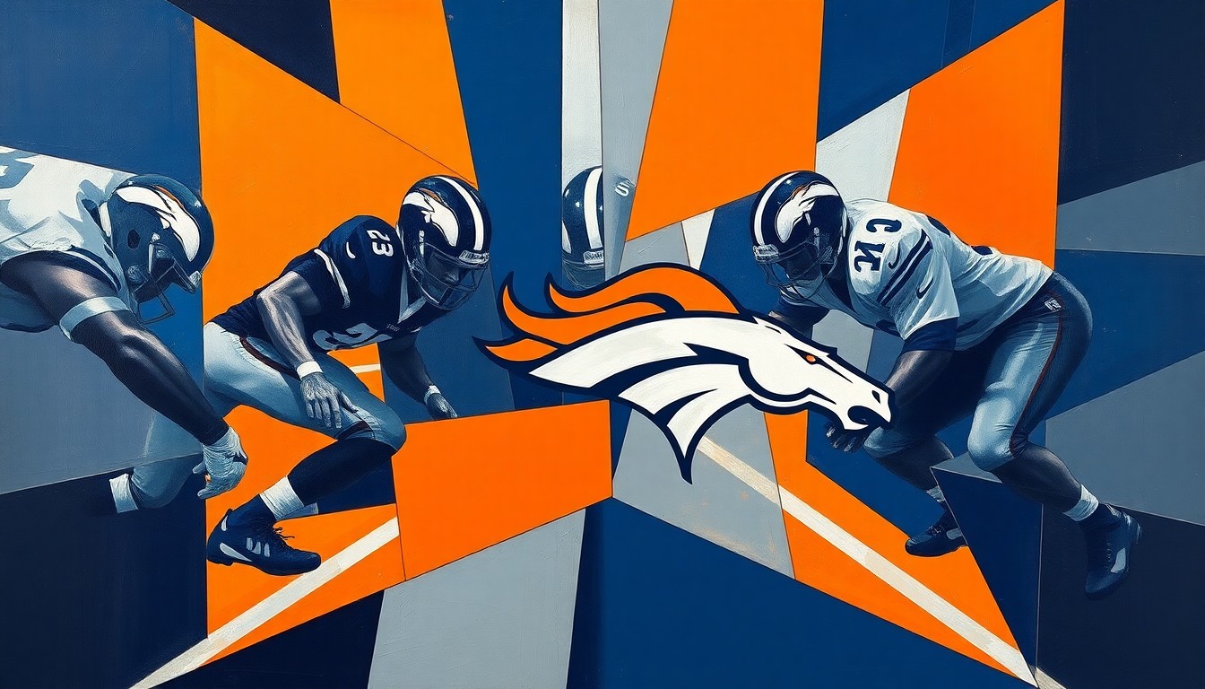 A cubist-style painting depicting an offensive line play, with the players and action broken down into sharp, overlapping geometric shapes in navy blue, orange, and silver tones.