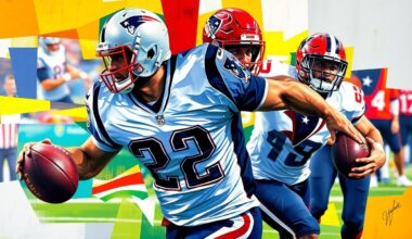 A fragmented, geometric painting depicting a football player in motion, with sharp planes of color representing the uniforms of the New England Patriots and Houston Texans. The abstract style captures the dynamic energy of the sport.