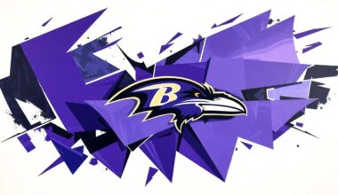 A fragmented, geometric painting in shades of purple, black, and white, conceptually representing the Ravens