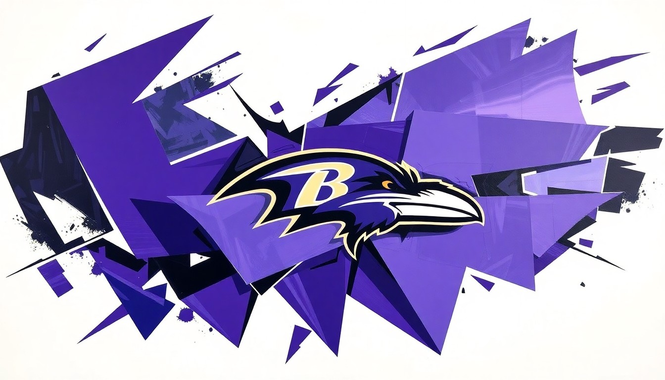 A fragmented, geometric painting in shades of purple, black, and white, conceptually representing the Ravens