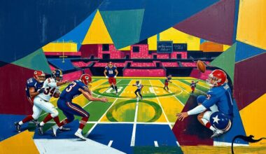 A cubist, geometric painting depicting fragmented, overlapping shapes and planes in navy blue, burgundy, and gold, representing the dynamic movements and energy of a football game or practice.