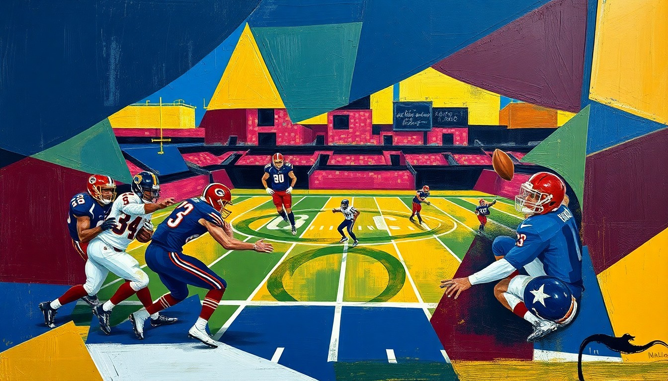 A cubist, geometric painting depicting fragmented, overlapping shapes and planes in navy blue, burgundy, and gold, representing the dynamic movements and energy of a football game or practice.