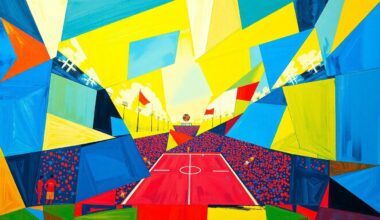 A fractured, cubist-style painting depicting a football game or match, with sharp, overlapping geometric shapes in vibrant colors representing the raw energy and versatility of a defensive playmaker.