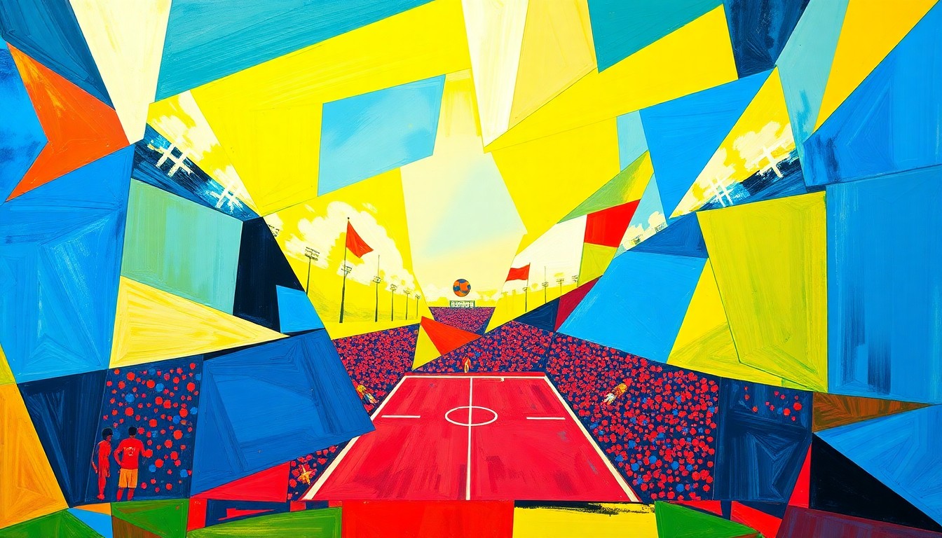 A fractured, cubist-style painting depicting a football game or match, with sharp, overlapping geometric shapes in vibrant colors representing the raw energy and versatility of a defensive playmaker.