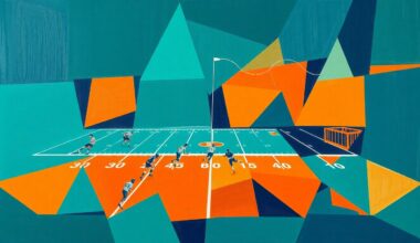 A cubist, geometric painting depicting a fragmented football scene, with sharp, overlapping planes of teal, orange, and navy blue representing the dynamic energy and shifting perspectives of the team