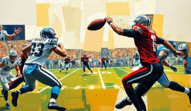 A cubist-style painting depicting a football player in motion, broken down into overlapping geometric shapes and planes of color, conveying the complex dynamics surrounding the quarterback