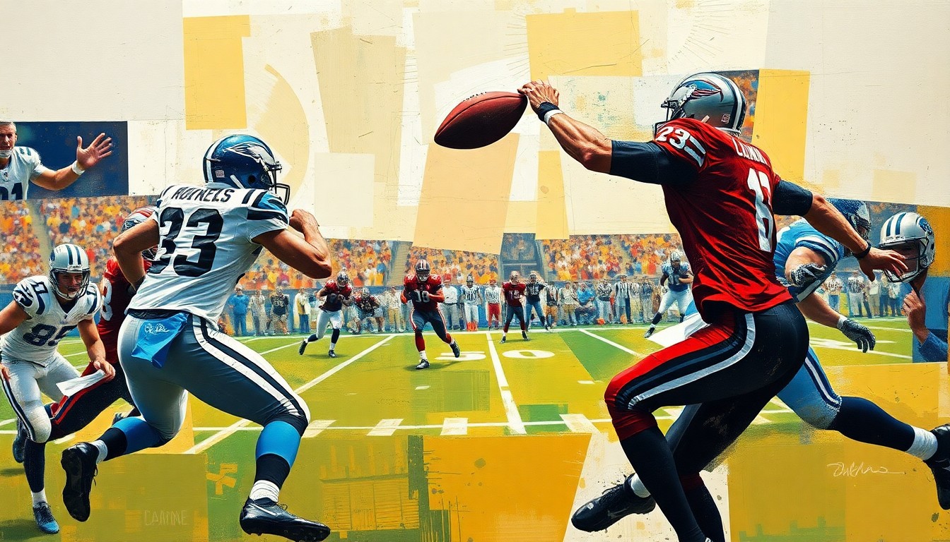 A cubist-style painting depicting a football player in motion, broken down into overlapping geometric shapes and planes of color, conveying the complex dynamics surrounding the quarterback