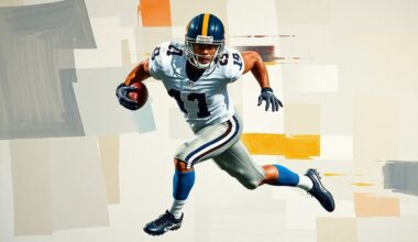 A fragmented, geometric painting depicting the dynamic movements of a running back, with sharp planes of color and form capturing the raw energy of the sport.