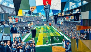 A cubist, geometric painting featuring overlapping planes of green, blue, and orange, conceptually representing the strategic decisions and energy of an NFL Draft.