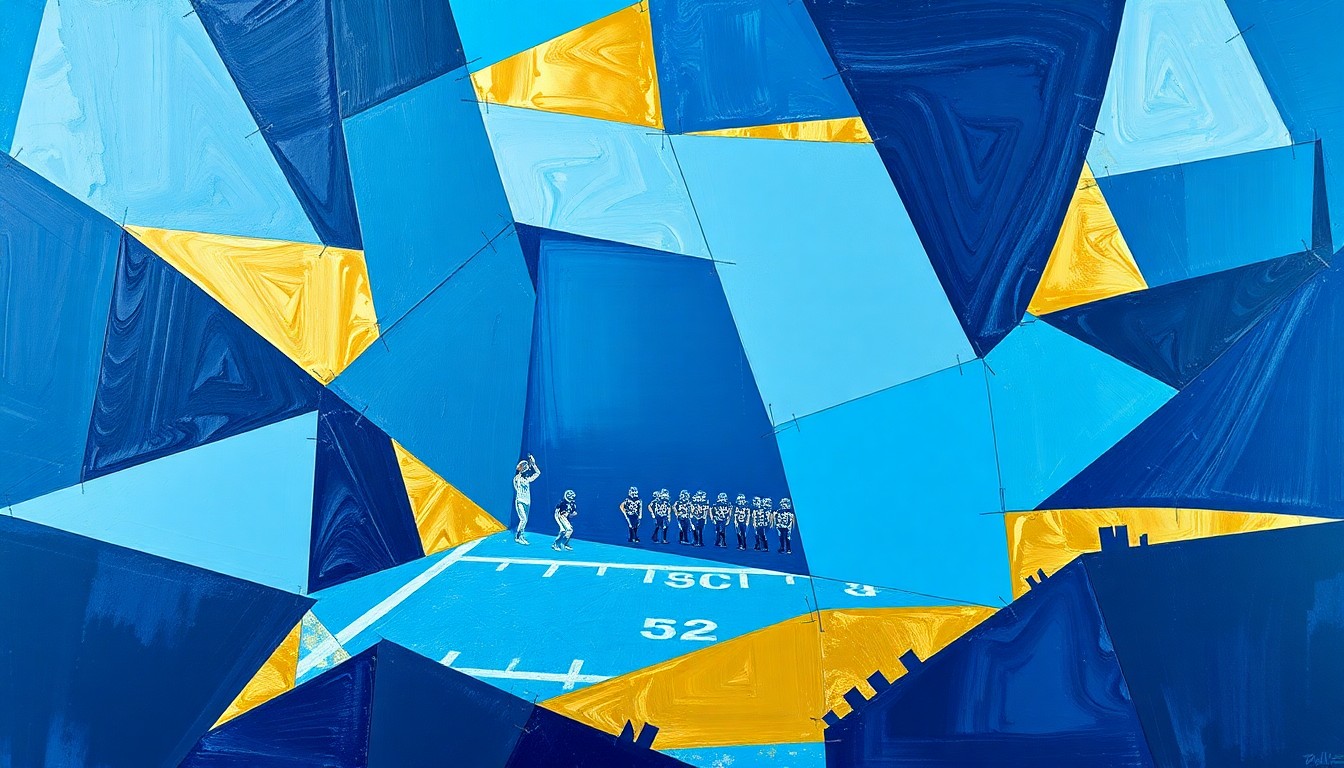A cubist, geometric painting depicting fragmented football players and draft prospects, rendered in navy blue, powder blue, and gold tones to capture the strategic evaluation process of an NFL team.