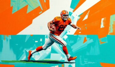 A fractured, cubist-style painting depicting a football player in motion, with sharp geometric planes in teal, orange, and white colors representing the dynamic nature of contract negotiations in the NFL.