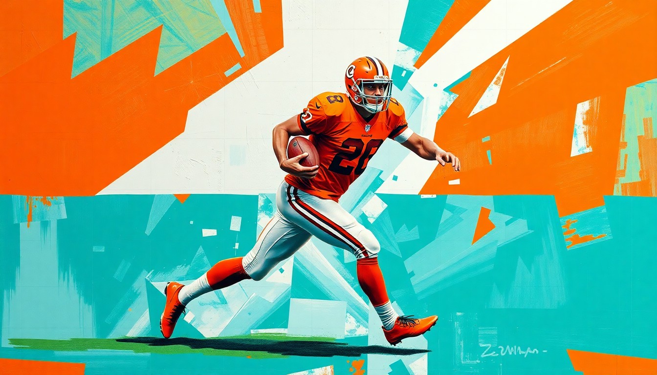 A fractured, cubist-style painting depicting a football player in motion, with sharp geometric planes in teal, orange, and white colors representing the dynamic nature of contract negotiations in the NFL.