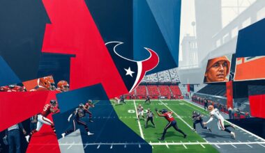 A fragmented, cubist-style painting depicting a football game, with the players and field broken down into sharp, overlapping geometric shapes in navy, red, and gray tones, conveying the strategic nature of the Texans