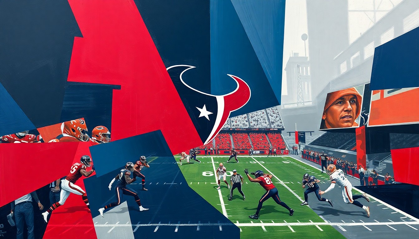 A fragmented, cubist-style painting depicting a football game, with the players and field broken down into sharp, overlapping geometric shapes in navy, red, and gray tones, conveying the strategic nature of the Texans